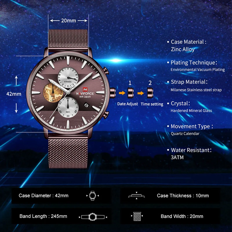 NAVIFORCE, мужские часы, лучший бренд, модные, Роскошные, нержавеющая сталь, хронограф, спортивные, водонепроницаемые, кварцевые, мужские часы, Relogio Masculino