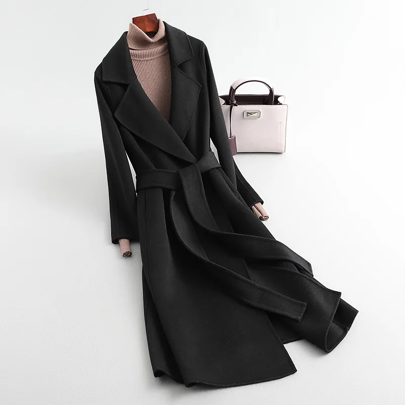 

5 Color Solid Double Sides Wool Coat Women Notched Collar Autumn Jackets 2021 New Long Sleeve Slim Woolen Overcoat with Belt
