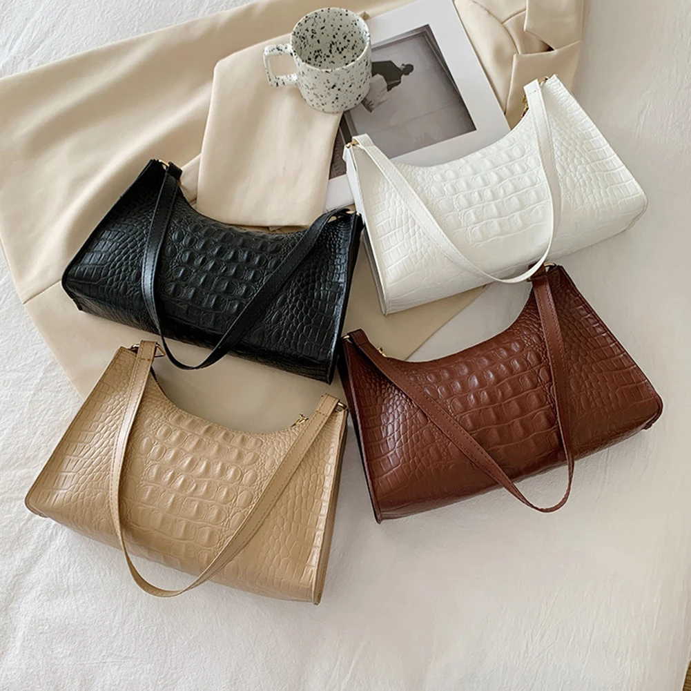 

Retro Women Shoulder Handbags Fashionable PU Leather Solid Color Alligator Pattern Small Underarm Shoulder Bag