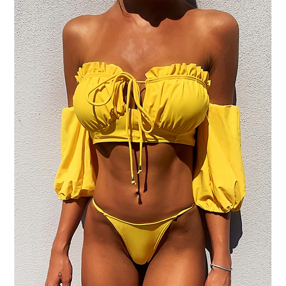 

Бикини с высокой талией 2020, бикини с оборками, сексуальный купальник с длинным рукавом, женский купальник пуш-ап, женская пляжная одежда, бик...