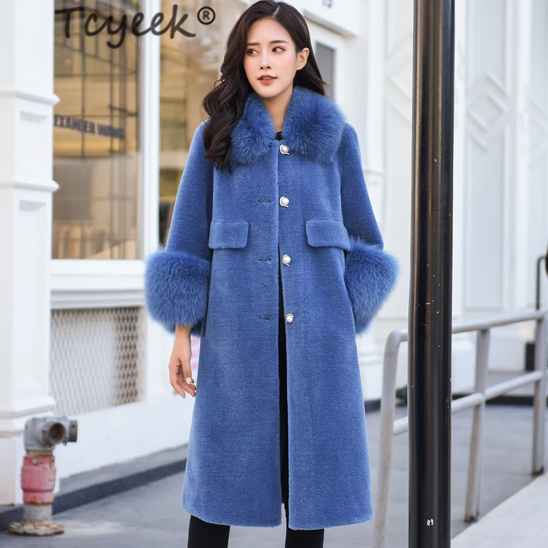 

Tcyeek Real Fur Coat Women Natural Fox Fur Collar Wool Jacket Female Clothes 2020 Korean Vintage Long Sheep Shearing Coats LL916