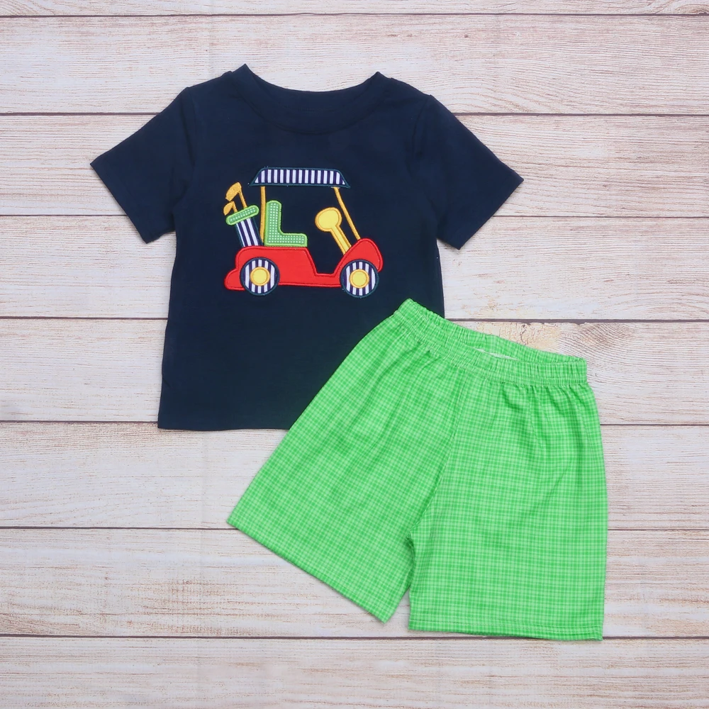 

Summer Clothes Navy Blue Short Sleeve Top And Green Plaid Shorts Red Golf Touring Car Embroidered Pattern Boys Clothes