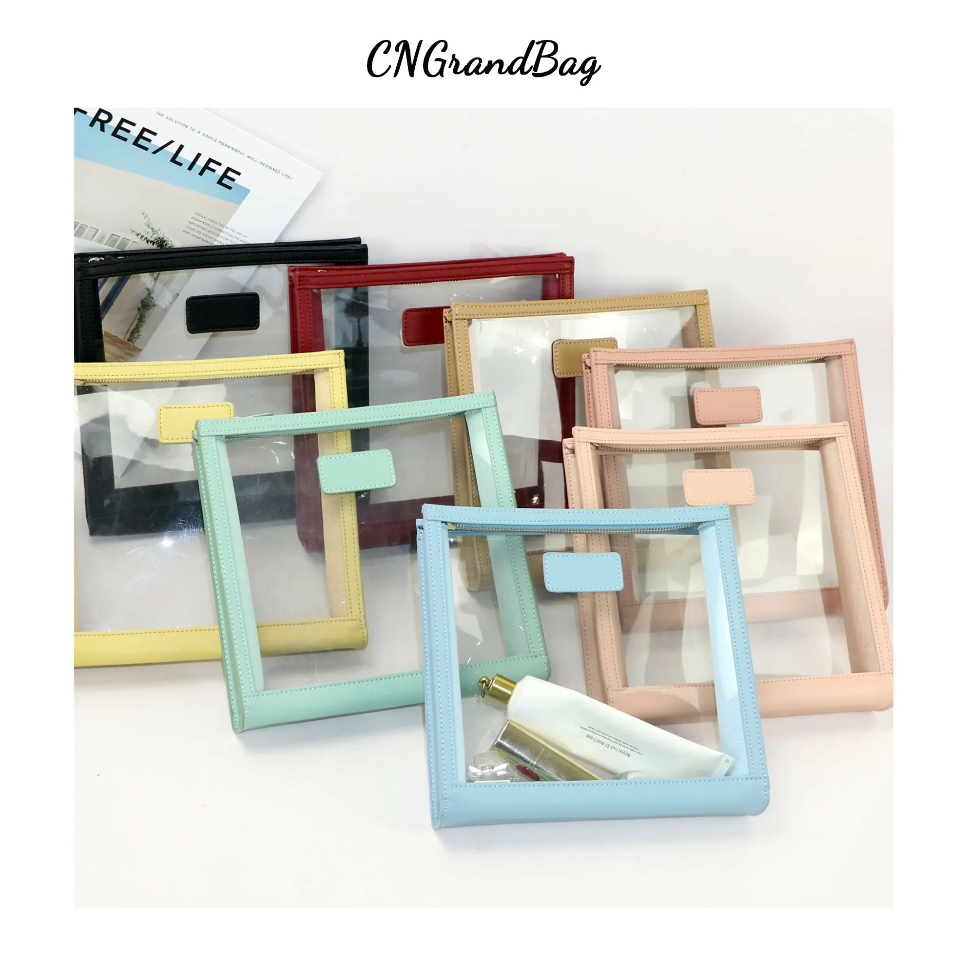 

Cow Leather Trimmed Transparent PVC Wash Bags Travel Organizer Clear Makeup Bag Beauty Cosmetic Bag Toiletry Bag Make up Pouch