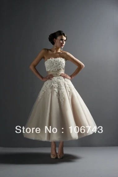 

free shipping 2016 new style Sexy a-line bride weddings Custom lace appliques sashes prom dresses strapless ankle-length