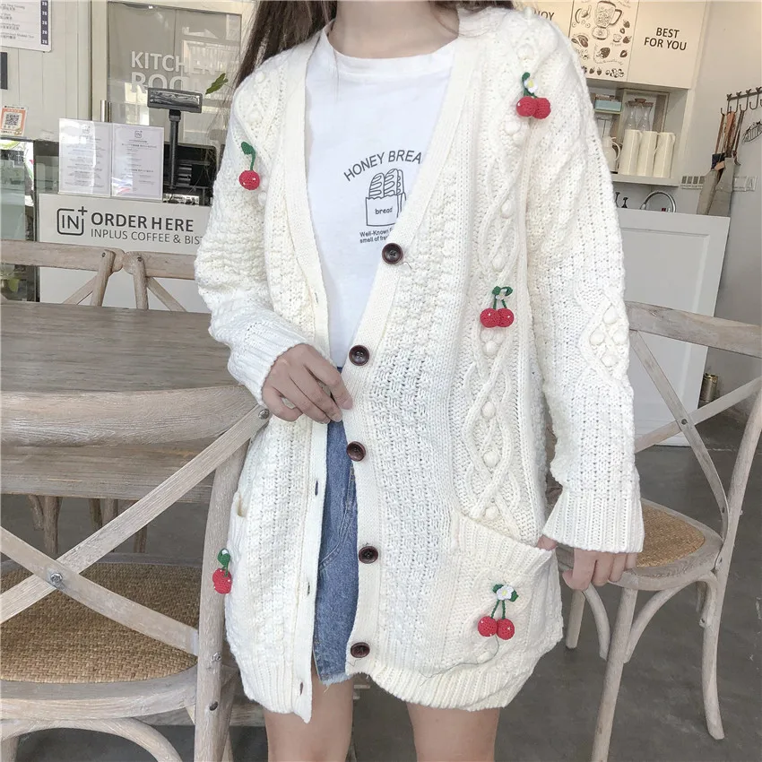 Mori Girl Винтажный стиль длинный женский кардиган японский милый Вишневый Женский