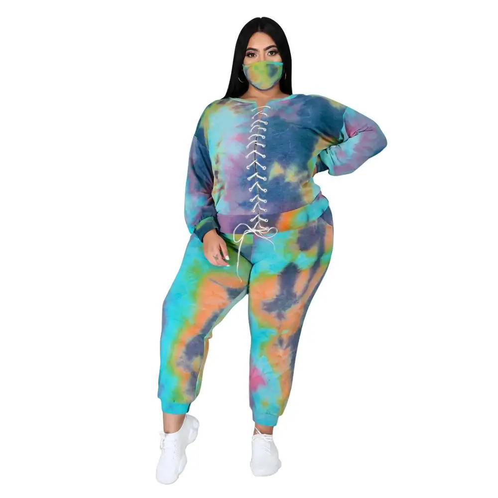 

Tie-Dye Print Women Plus Size Three Piece Sets Lady Autumn O-neck Lace-up Sweatshirts High Waist Sport Pants Tracksuits Outfits