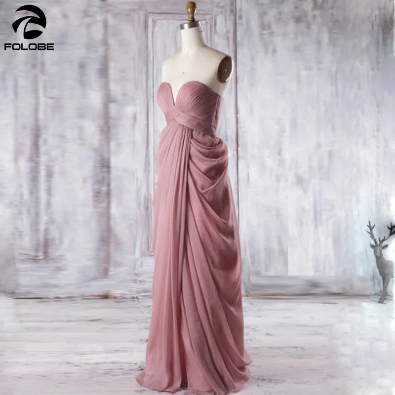 

Strapless dusty pink pleat long chiffon bridesmaids dresses lace up back wedding party prom gown dress 2020 custom wholesale