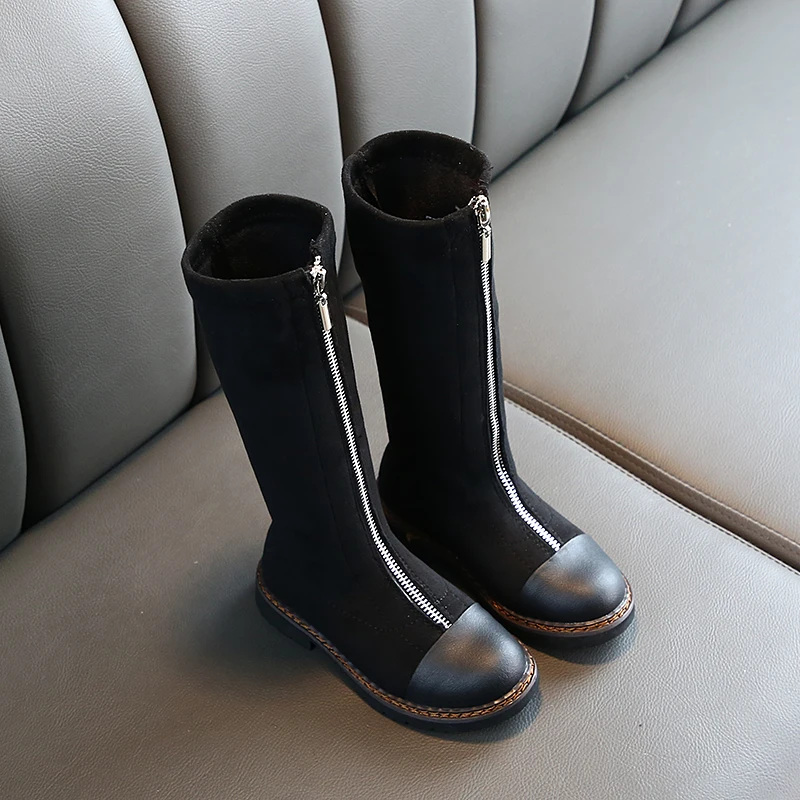 Детская обувь черные сапоги для девочек Однотонные теплые зимние до колена