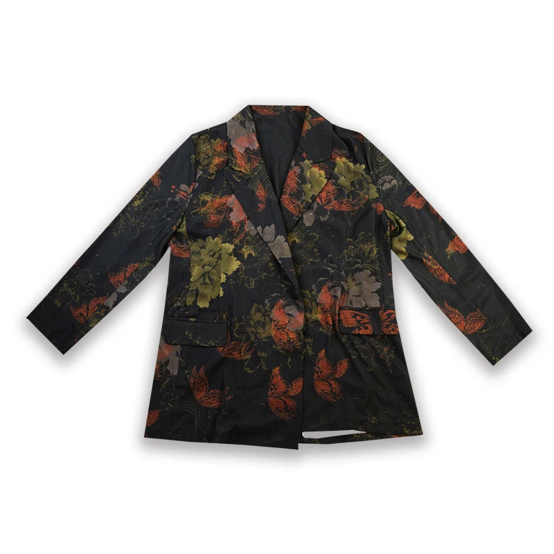 

Woman Japanese Kimono Style Retro style Silky Blazer Red Butterfly and Higan Flower Print 2021 Spring Loose Handmade Coat