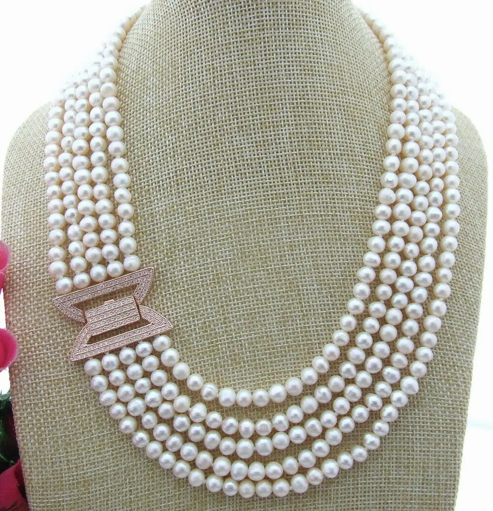Hand knotted natural 5 strands white freshwater pearl micro inlay zircon accessories clasp necklace fashion jewelry
