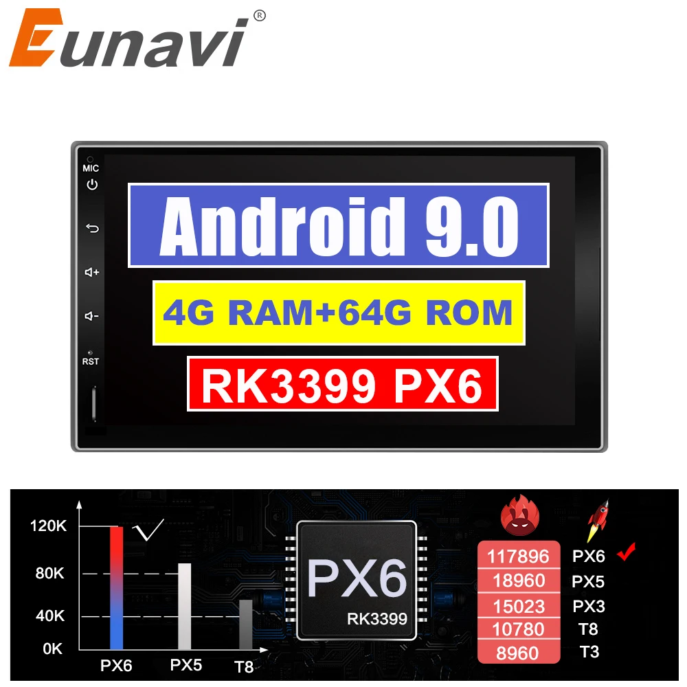 Eunavi 2 Din ips TDA7851 android 9,0 Автомобильный мультимедийный радио плеер универсальный gps Navi Стерео 4G+ 64G RK3399 сенсорный экран без dvd