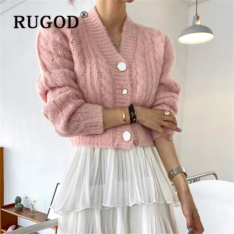 Вязаный кардиган RUGOD с V образным вырезом однотонный укороченный свитер женские