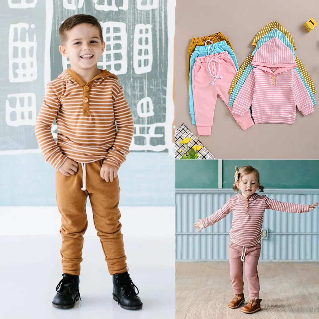 Свитер в полоску с капюшоном для маленьких мальчиков и девочек Штаны Детская