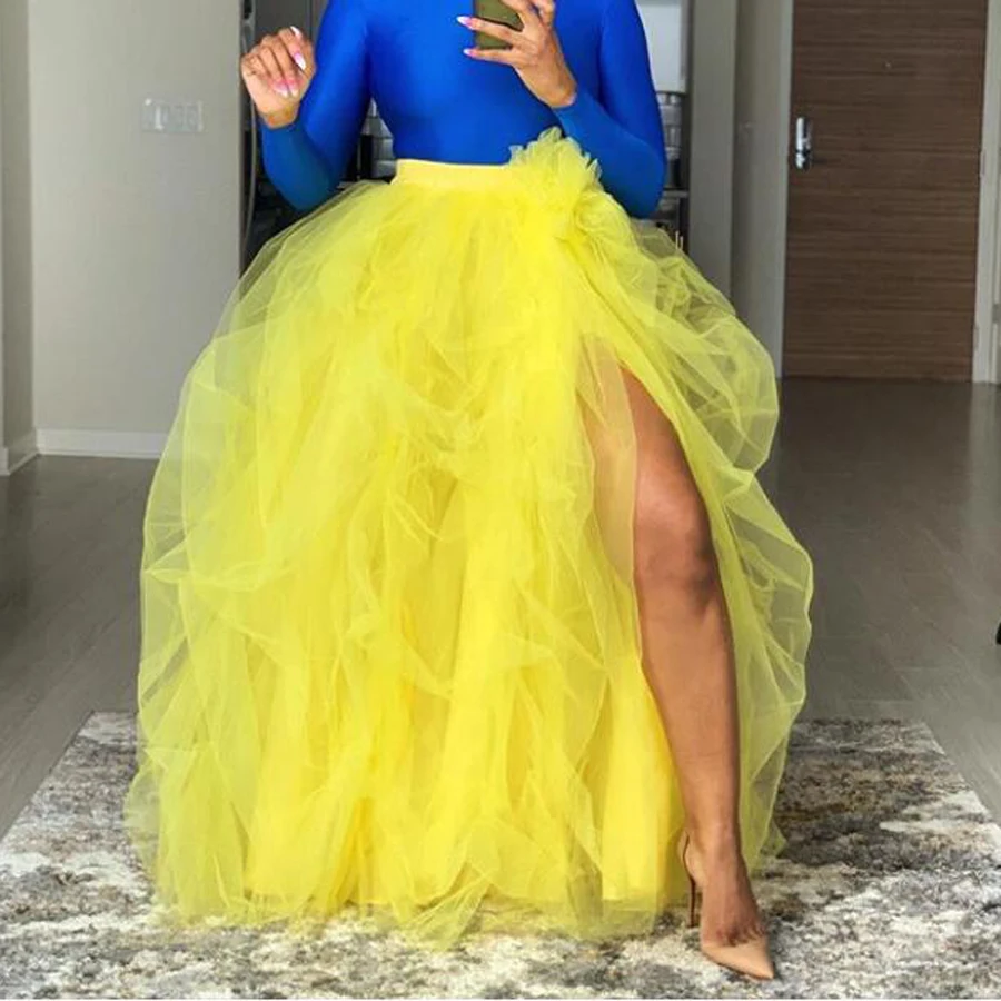 

Puffy Women Skirt Tutu Yellow Floor Length Maxi Skirts Split High Waist Female Skirts For Party Custom Made