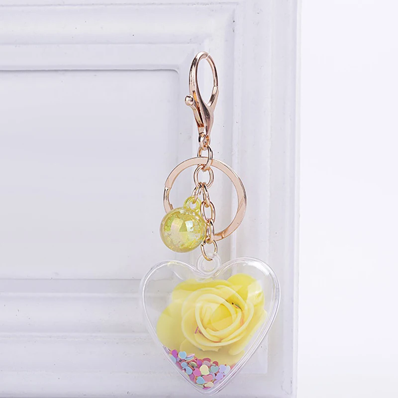 Брелок для ключей прозрачный сердце с блестками изображением вечного цветка -