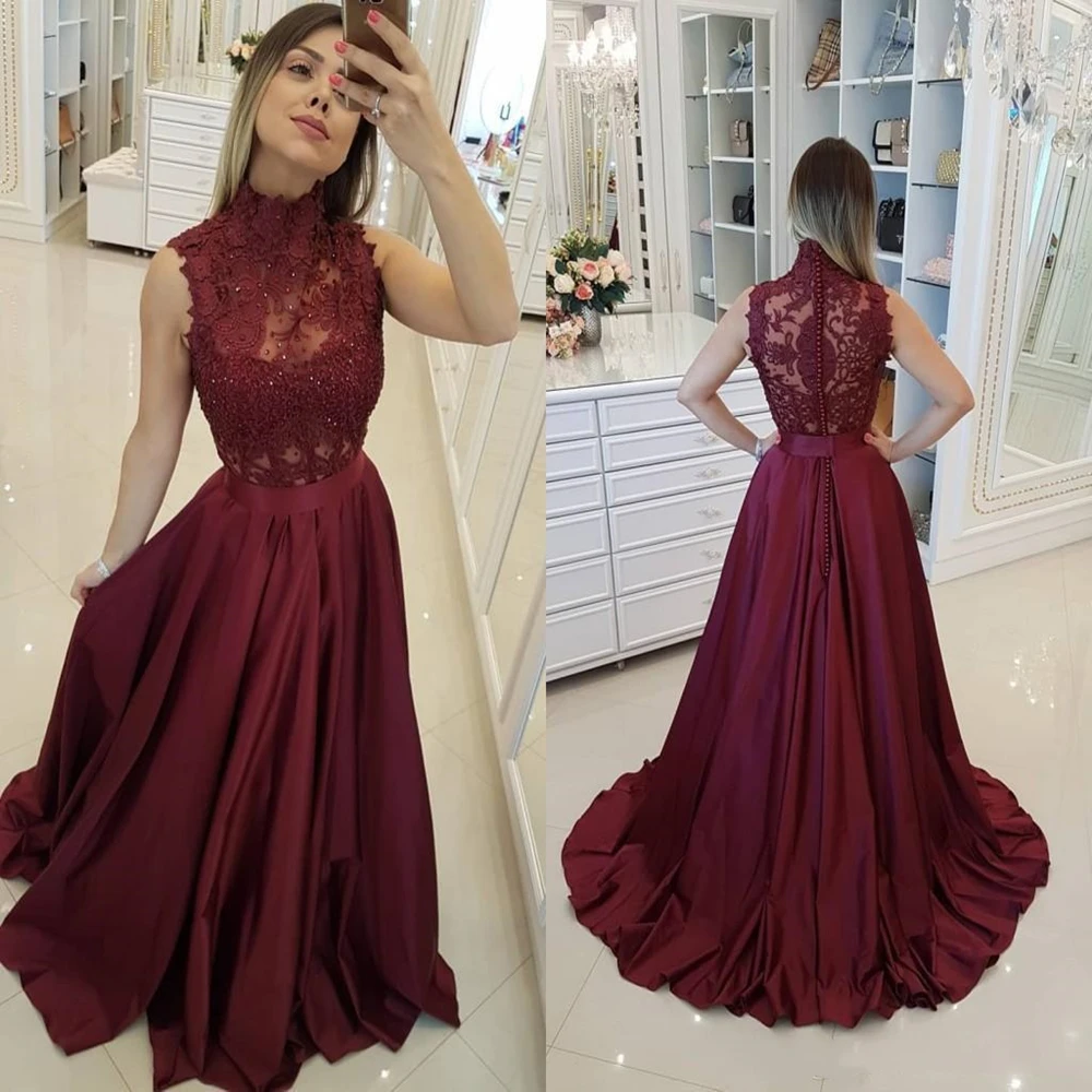 2020 High Collar Sleeveless Evening Dresses Lace Applique Buttons Back Mother of the Bride Dress Satin A Line Prom Gowns | Свадьбы и