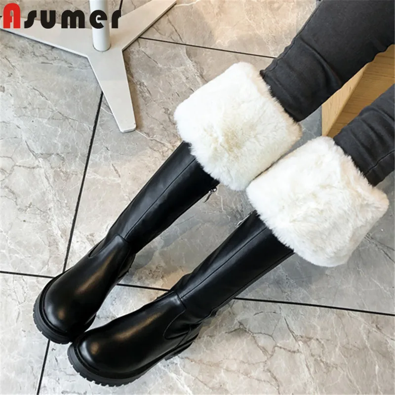 Женские ботфорты из натуральной кожи ASUMER черные теплые зимние сапоги на толстом