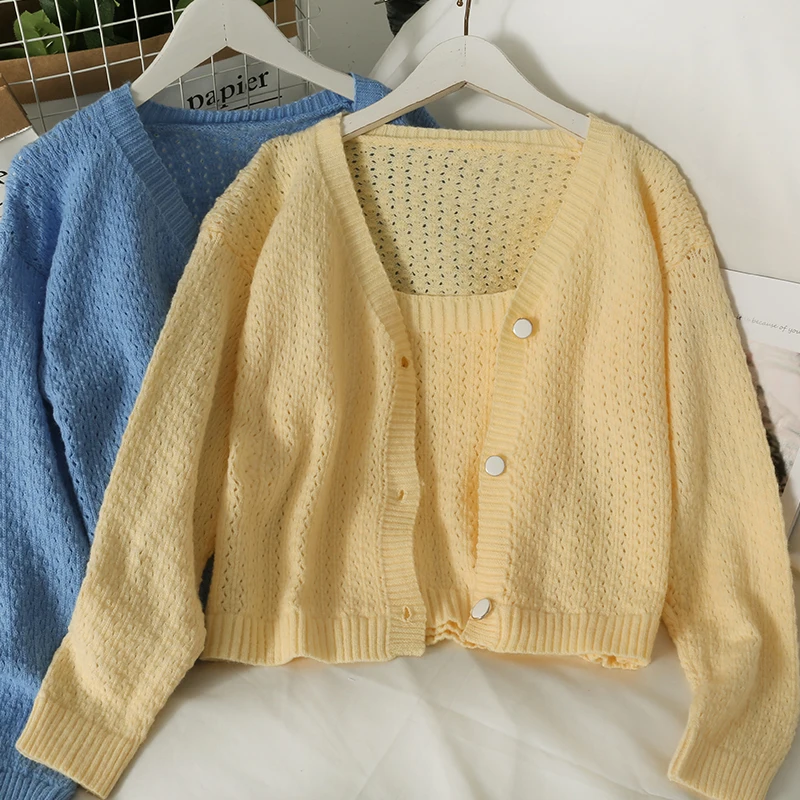 

Вязаный комплект кардиганов, Женский Осенний прозрачный тонкий однобортный трикотажный топ с длинными рукавами и коротким облегающим кард...