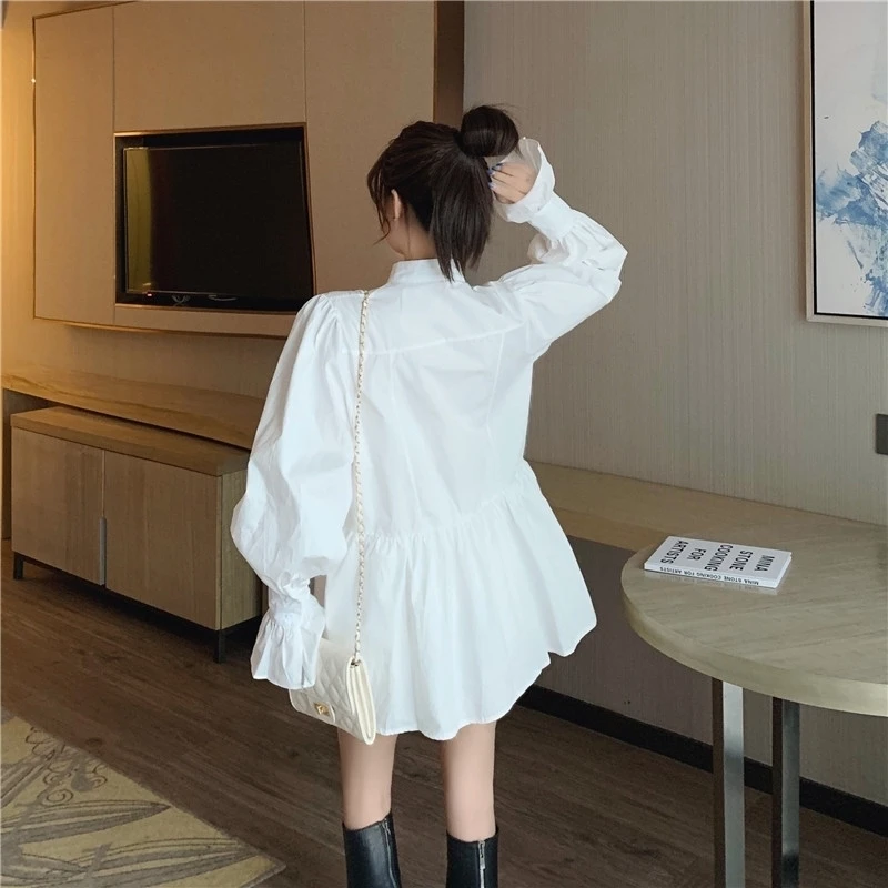 

Spring Woman 2020 New Solid White Color Long Sleeve Stand Collar Single Breasted Pleated Irregular Loose Shirt