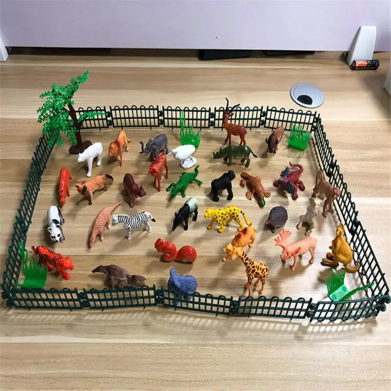 

53Pcs Mini Plastic Wildlife Zoo Yard Animals Model Figure Kids Fun Toys Animals World Fence Tree Set Play Gift For Baby Children