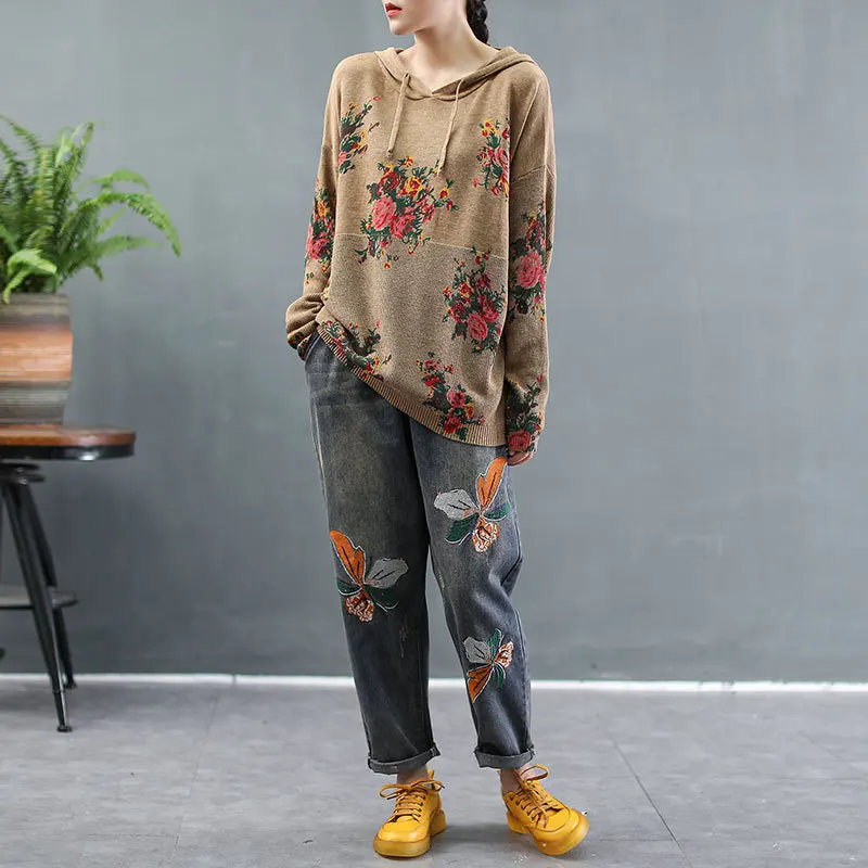 Женский вязаный свитер Max LuLu в китайском стиле с цветочным принтом капюшоном