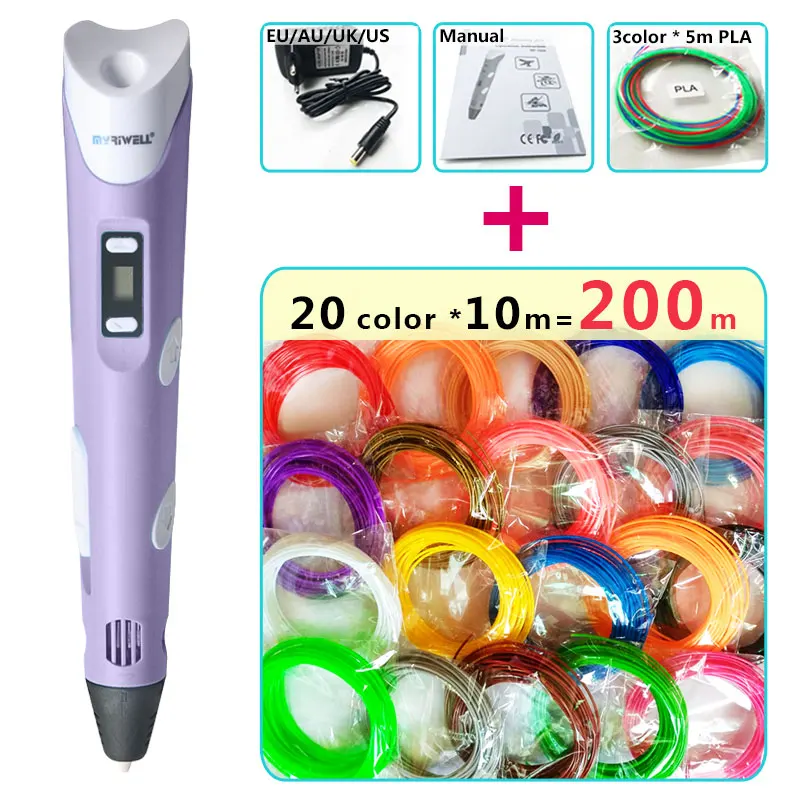 and 20color 10m silk Myriwell 3d Ручка 3d модель, светодиодный дисплей, 1,75 мм ABS/PLA нити, креативная 3d Ручка doodler детские подарки 3d Рисунок pen-3d - Цвет: and 20color 10m silk