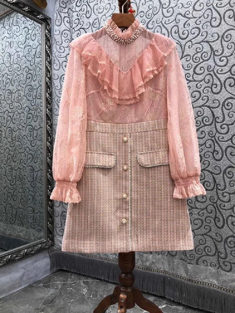 

One Piece Dress 2021 Autumn Winter Party Events Women Hand Made Beading Lace Wool Patchwork Flare Sleeve Bodycon Dress Runway