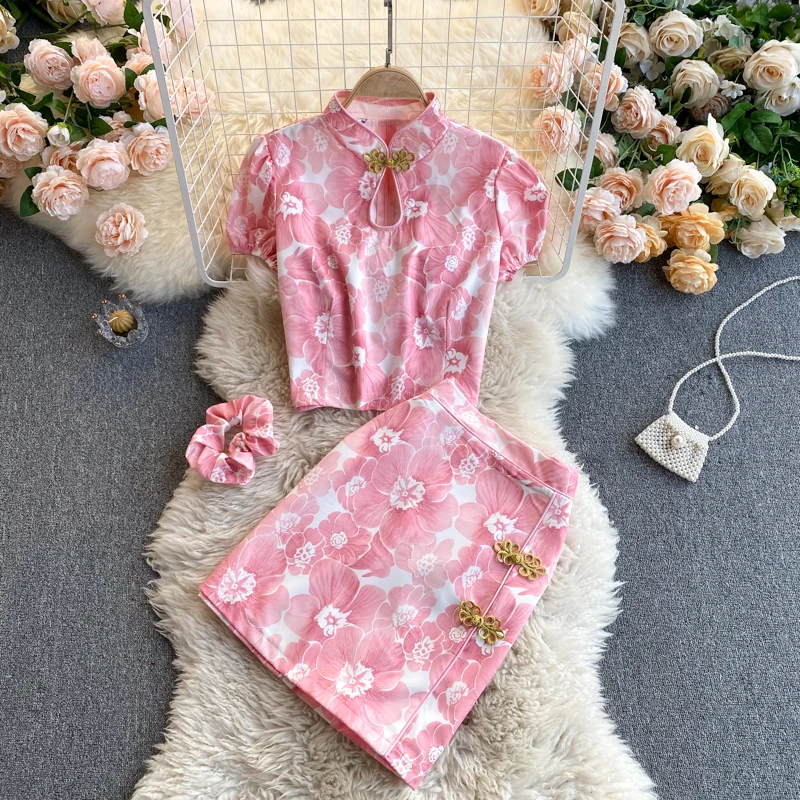 

button suit all hollow out cultivate morality short sleeve tops of tall waist broken beautiful skirts two-piece women