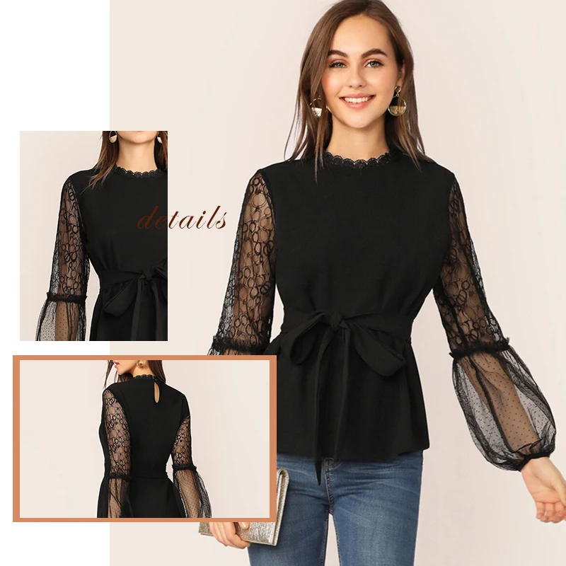 Sheinside элегантная контрастная сетчатая блузка с поясом женские осенние черные блузки с рукавом-фонариком Женские Твердые замочные скважины Топ
