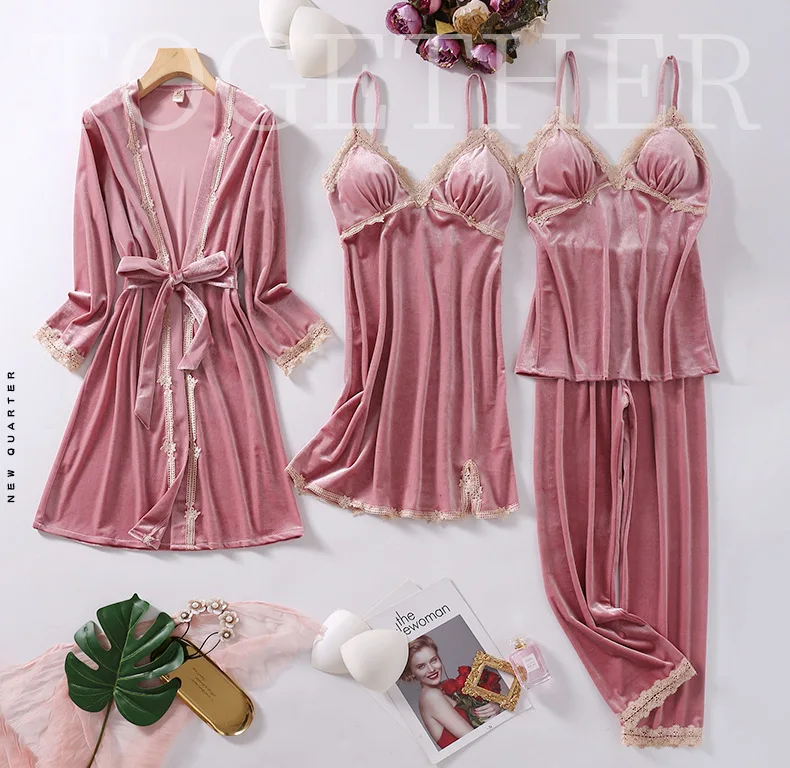 

2021 Winter New Velvet 4PCS Pajamas Suit Women Lace Patchwork Nightwear Gray Home Clothing Velour Sleep Set Intimate Lingerie