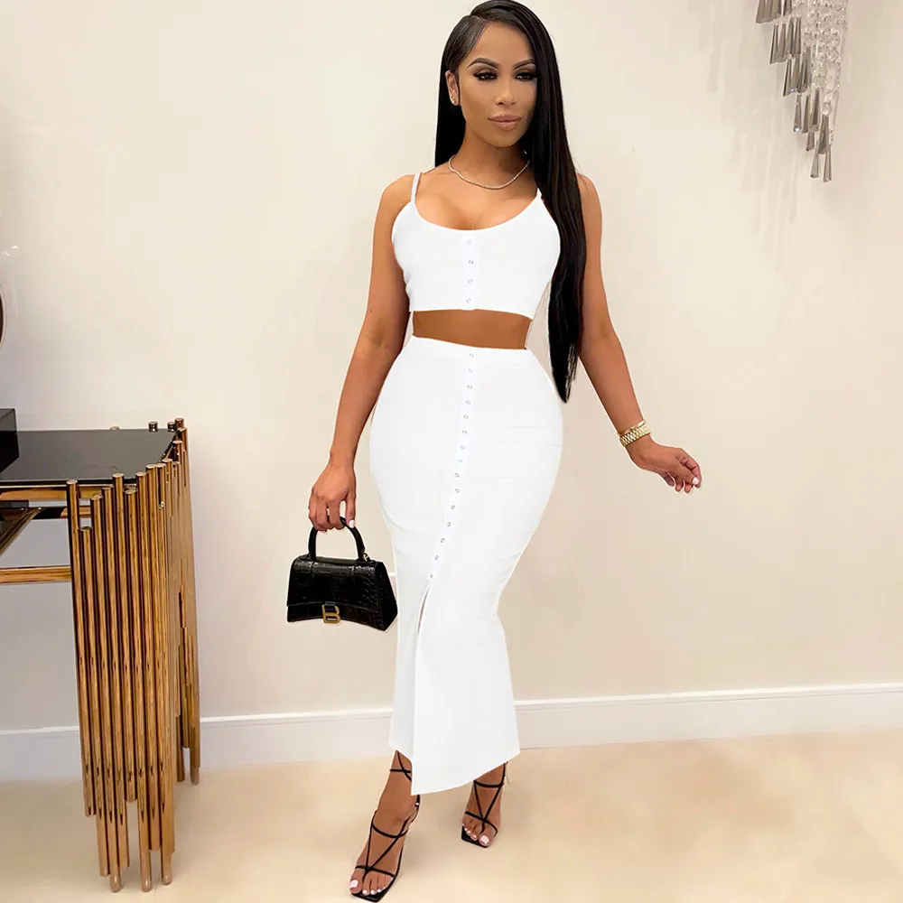 

Single-breasted Fitness 2 Two Piece Set Summer Vacation Outfit Women Camisole Crop Top+high Waist Skinny Skirt Loungewear Suit