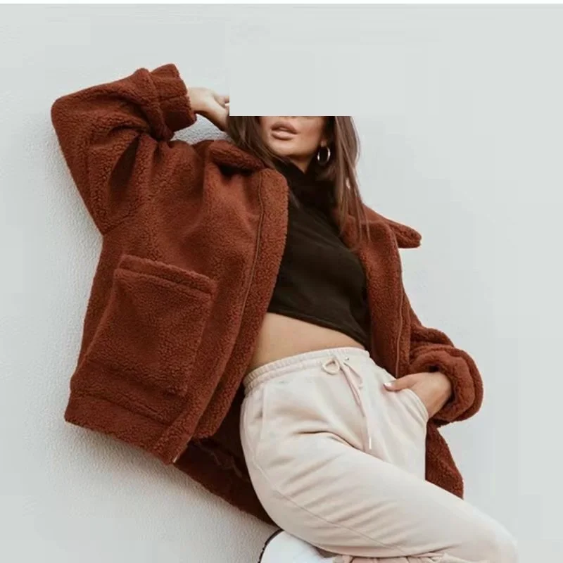 

Women double pocket long sleeve turn-down collar zip up jacket 2022 spring coffee gray fleece coat
