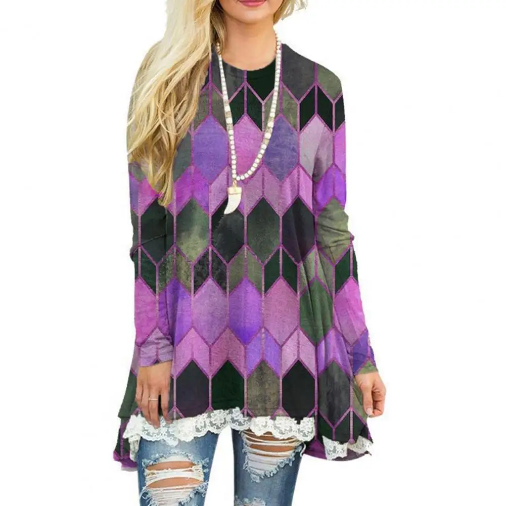 

Plus Size 2021 Spring Fashion Women Dresses Geometric Hexagon Print Lace Hem O Neck Long Sleeve Mini Loose Dress Blouse