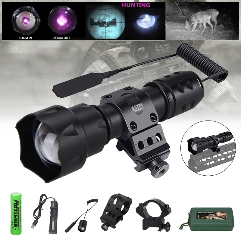 200 Yards  IR Flashlight 940nm Night Vision Zoomable Torch Outdoor LED Tactical Hunting Torch+18650+Charger+Mount+Switch+Box