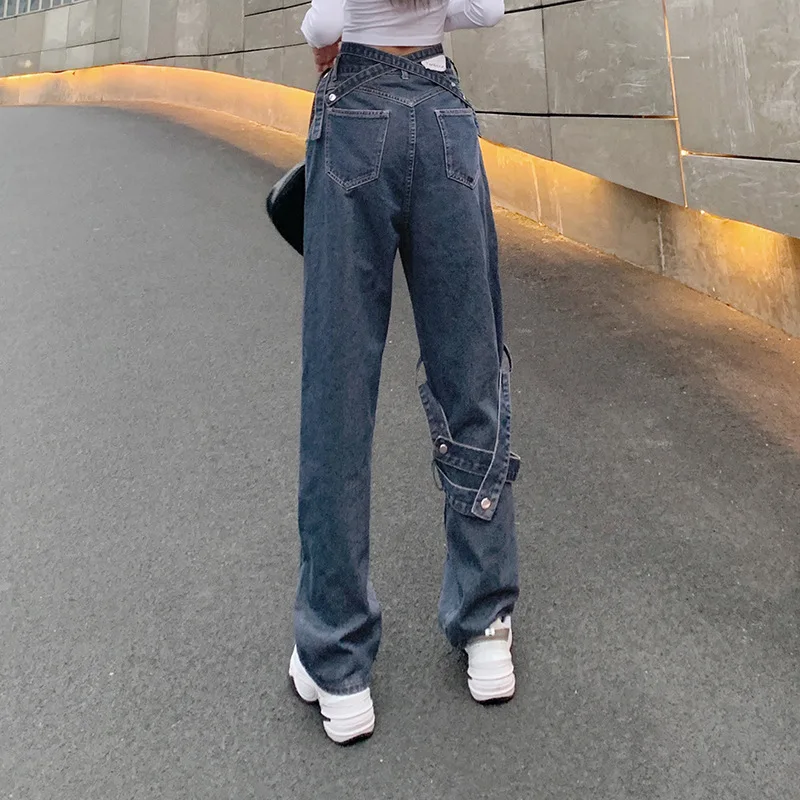 

2021 Spring Women's Fashion Jeans Mid-Waist Sexy Hollow Streamer Ripped Denim Straight Leg Pants Female Autumn Y2K Style