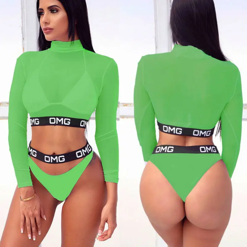 3PCS Women Bikini Set Long Sleeve Mesh Swimwear Push-up Padded Bra Shorts Swimsuit Green Blue Beachwear | Женская одежда