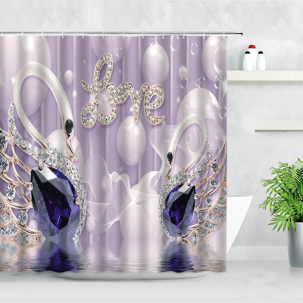 relief white flowers swan shower curtains pearl diamond design water 3d printing bathtub decor hooks fabric bathroom curtain set free global shipping