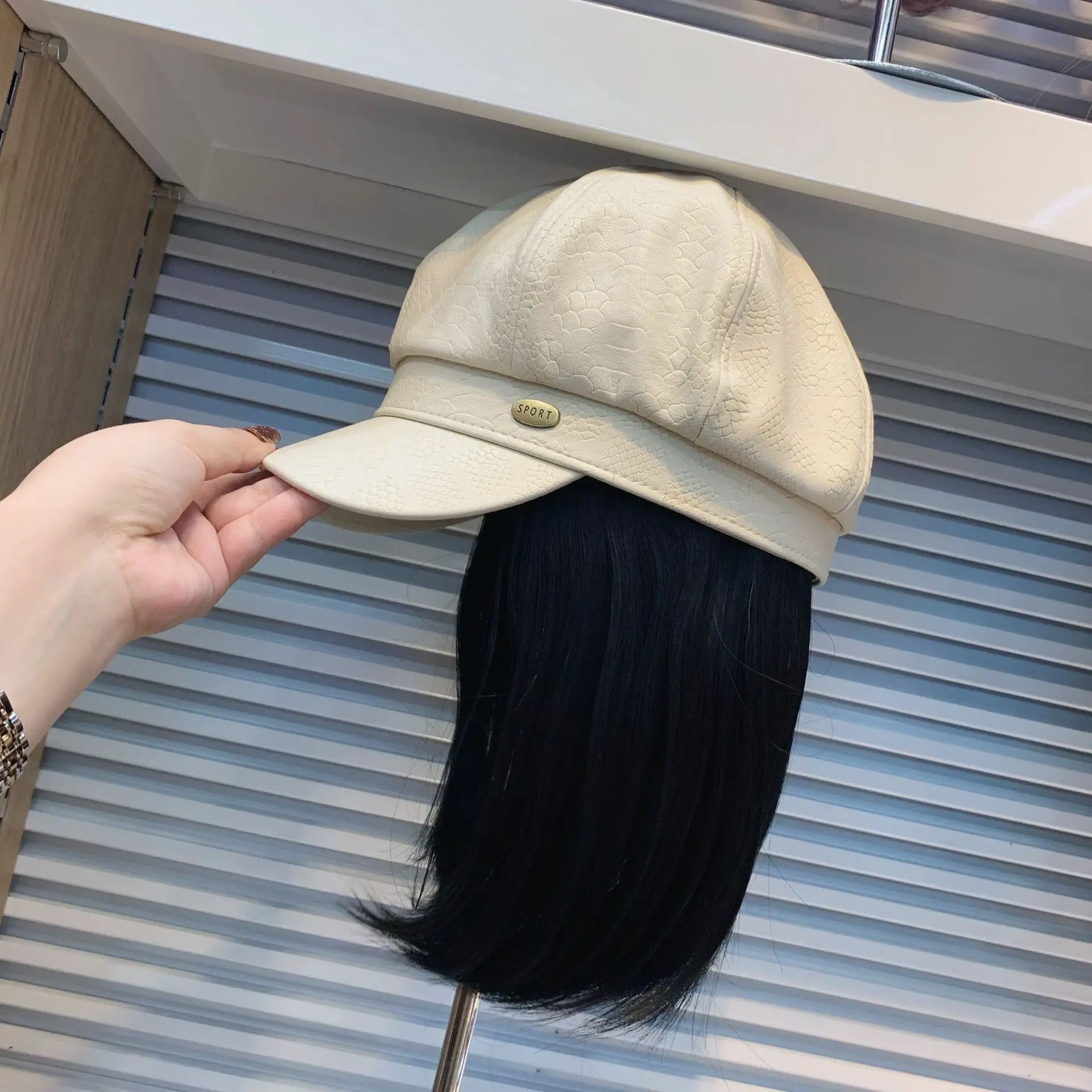 

202101-shi fashion Stone grain pu hat patchwork Cool False hair sport lady service Octagonal hat women leisure visors cap