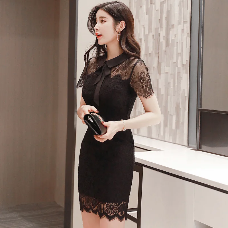 Женское сексуальное кружевное платье 2020 летнее Новое тонкое черное с коротким