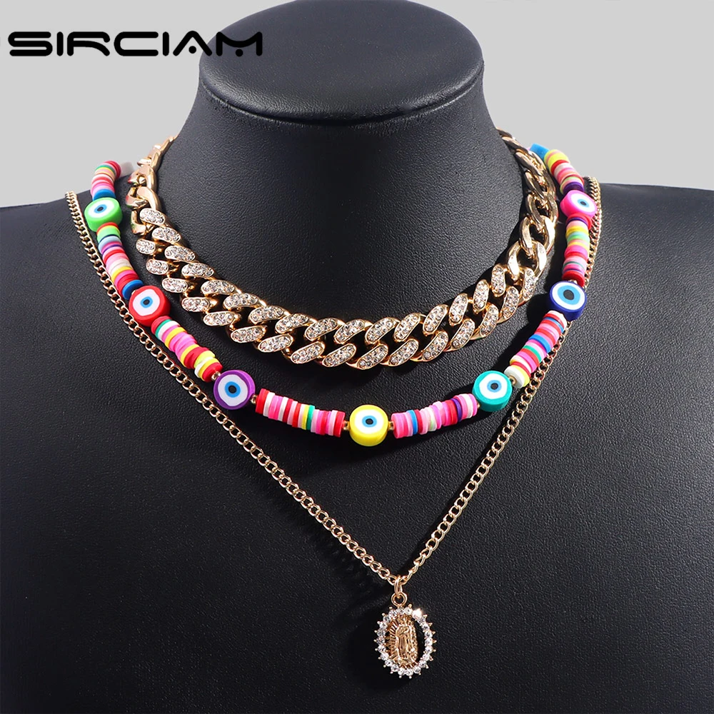 

Multilayered Rainbow Evil Eye Cuban Chunky Choker Necklace For Women Handmade Clay Bead Crystal Portrait Flower Party Jewelry