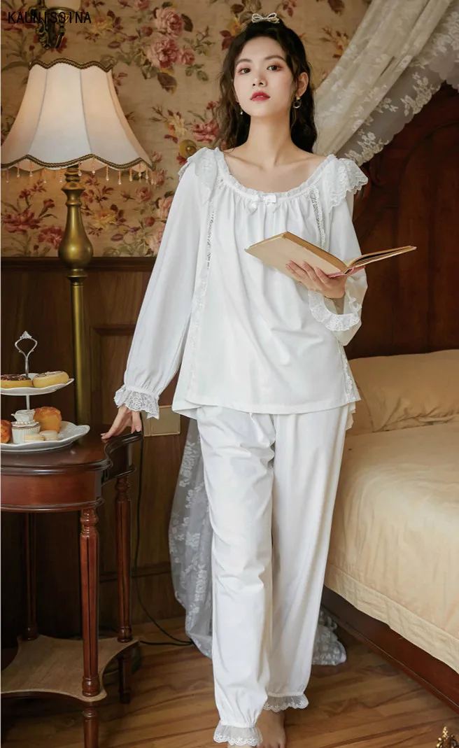 

Women Cotton White Pajama Sets Sleepwear Lace Retro Princess Style Two Piece Pajama Long Sleeve Spring Loungewear Nightwear