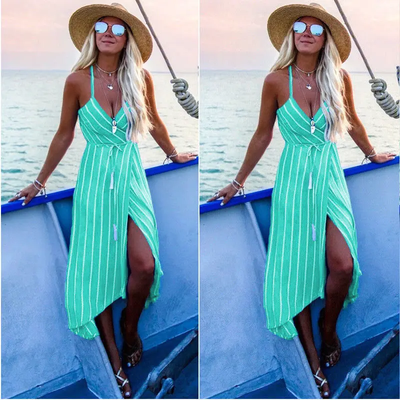 Женщины Лето В стиле бохо Полосатое Макси платье с v образным вырезом Вечерние
