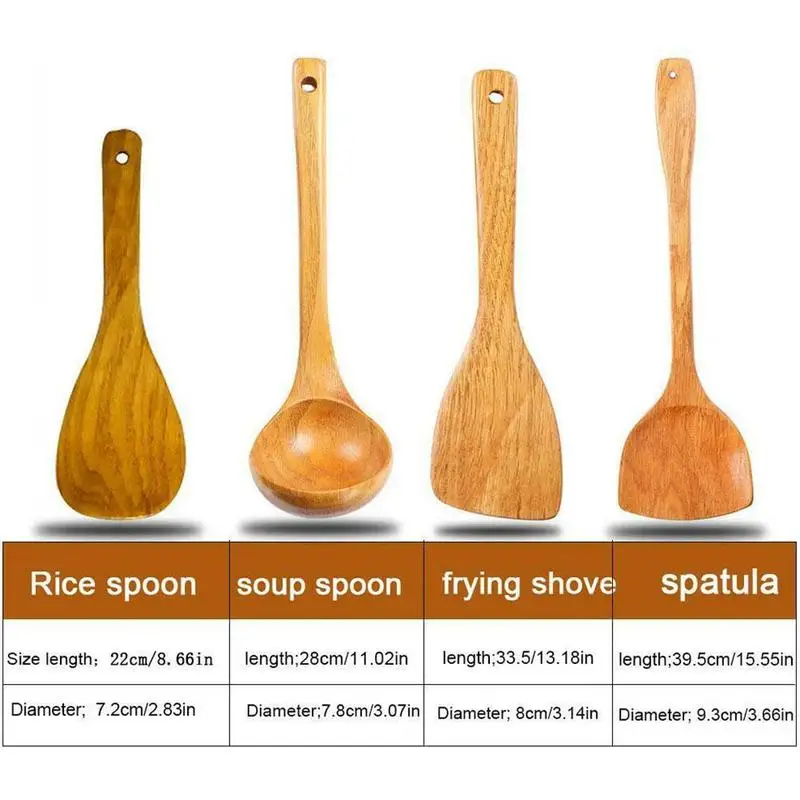 

4pcs Wooden Shovel Spoon Non Stick Wood Long Rice Spatula Stir Utensil Kitchen Tools And Fry Sets Hand Thick Durable Cookin
