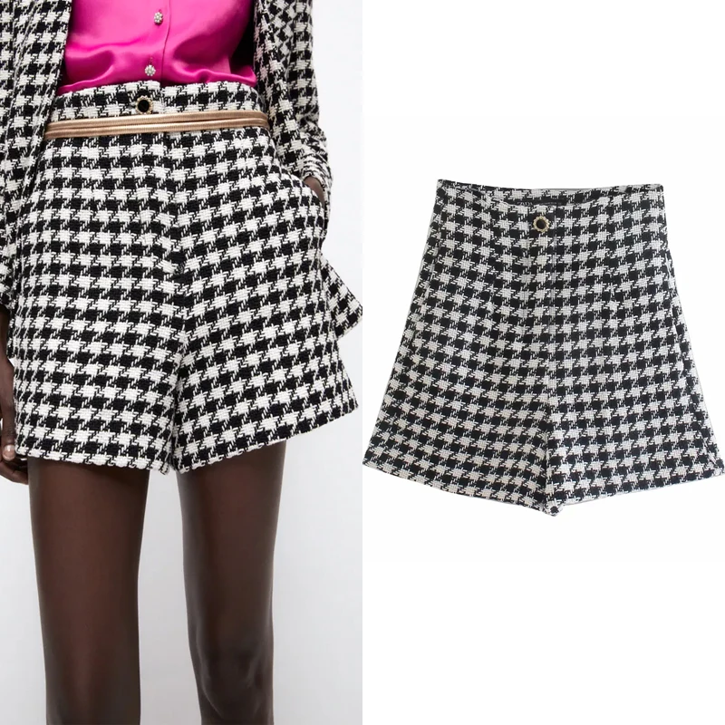 

Шорты-бермуды женские с завышенной талией, твидовые, в клетку