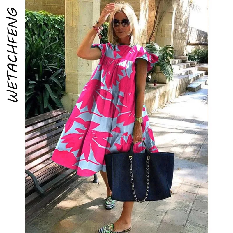 

Hot Sale Summer 2021 Dresses Casual A Line Short Sleeve Mide Dress Sweet Holiday Party Beach Sundress Plus Size Women Clothes