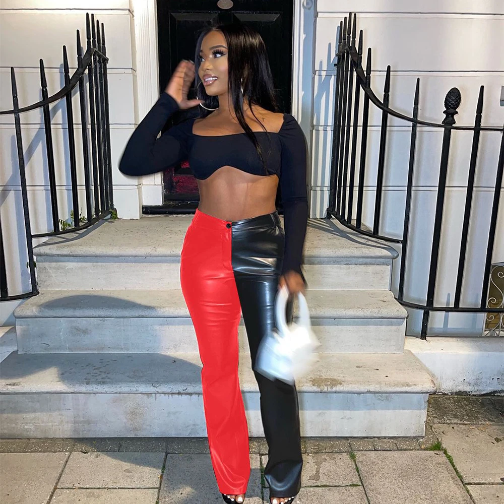 

Black Red PU Faux Leather Bell Bottom Trouser Women Fashion High Waist Party Club Flare Pant Moto & Biker Color Block Leggings