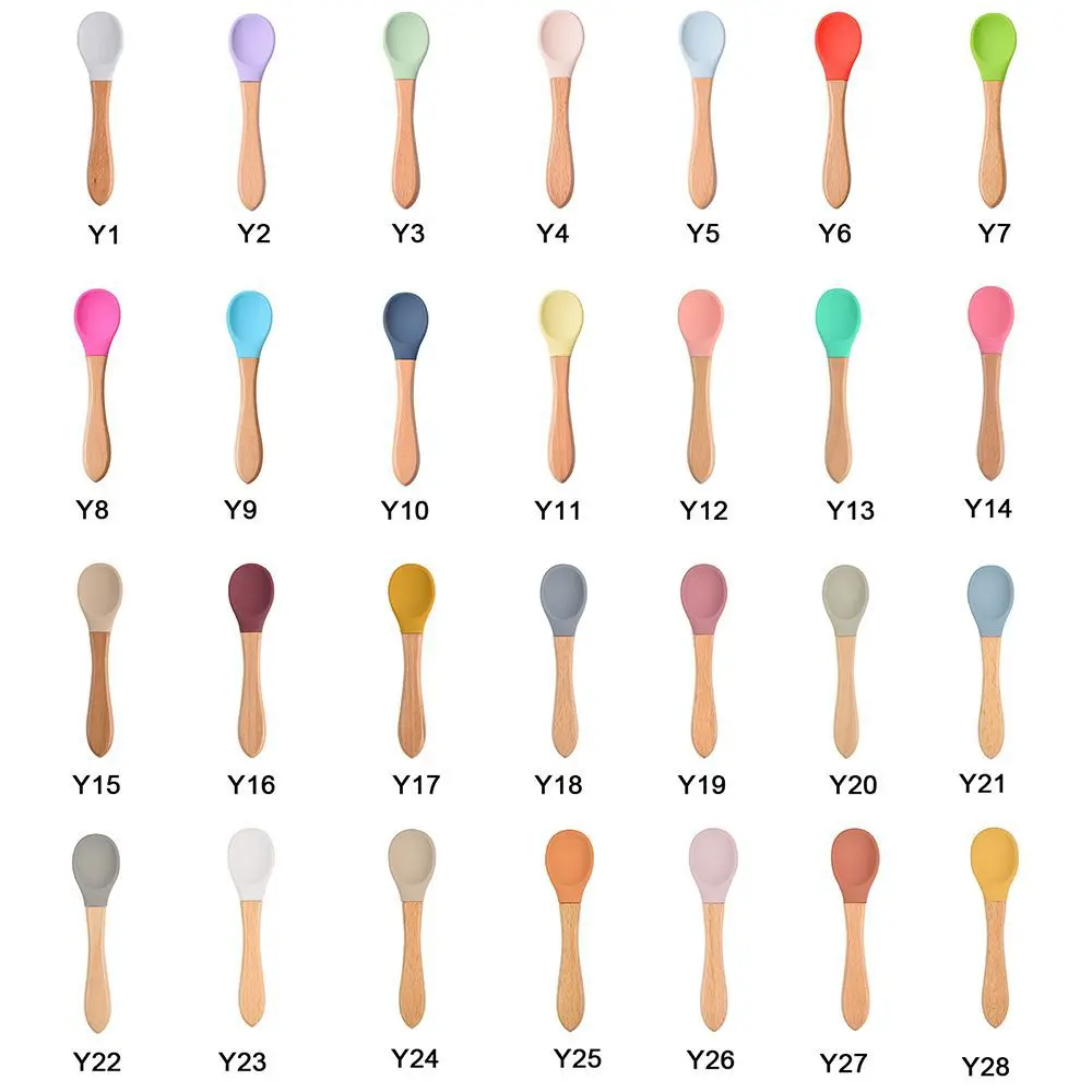 

Baby Silicone Tableware Baby Feeding Wooden Handle Spoon Fork Set Soft Tip Infant Spoon BPA Free Food Grade Materia Toddlers
