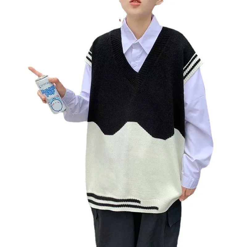 

Autumn Winter Korean Version Trend Loose Splicing Color Contrast Sleeveless Sweater Vest Male Loose Hedging Sweater Vest Coat