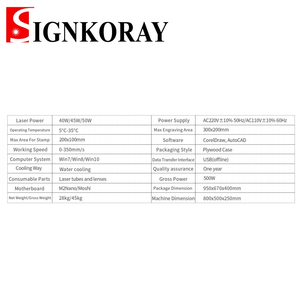 SignkoRay 40 Вт 50 ручная сборка CO2 Лазерная гравировальная и режущая машина K40 300x200 мм