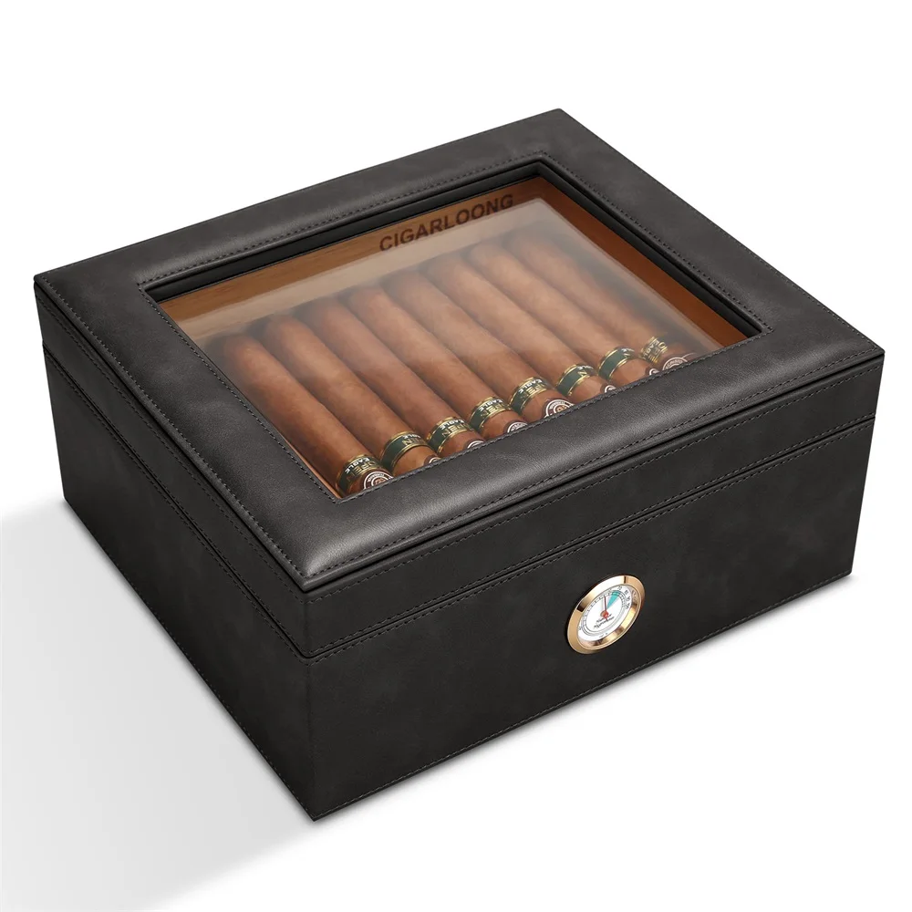 Cedar Wood Cigar Humidor Cow Leather First Layer Cigar Humidor Glass Top With Humidifier Hygrometer Luxury Cigar Case Portable